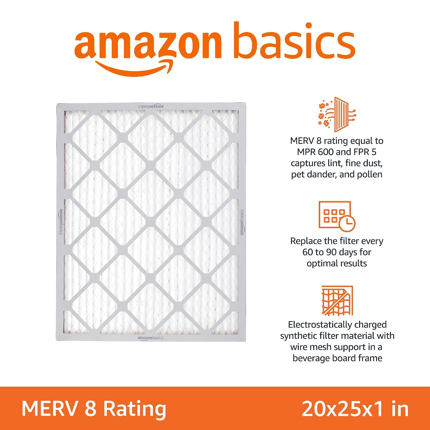 Amazon Basics 20x25x1 Air Filter 6-Pack, MERV 8 AC Furnace Filters, Removes Dust, Electrostatic, Allergen Control (Actual Size: 19.75" x 24.75" x 0.75")