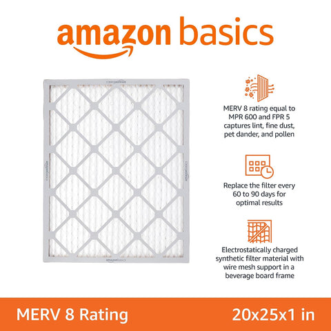 Amazon Basics 20x25x1 Air Filter 6-Pack, MERV 8 AC Furnace Filters, Removes Dust, Electrostatic, Allergen Control (Actual Size: 19.75" x 24.75" x 0.75")