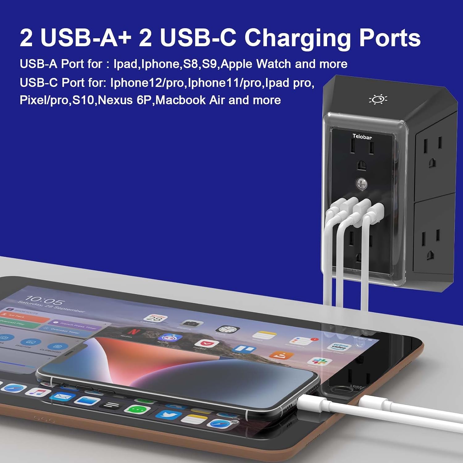 Multi Plug Wall Outlet Surge Protector with 6-Outlet & 4 USB Ports(2USB-C)