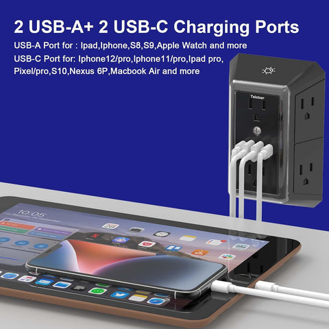 Multi Plug Wall Outlet Surge Protector with 6-Outlet & 4 USB Ports(2USB-C)