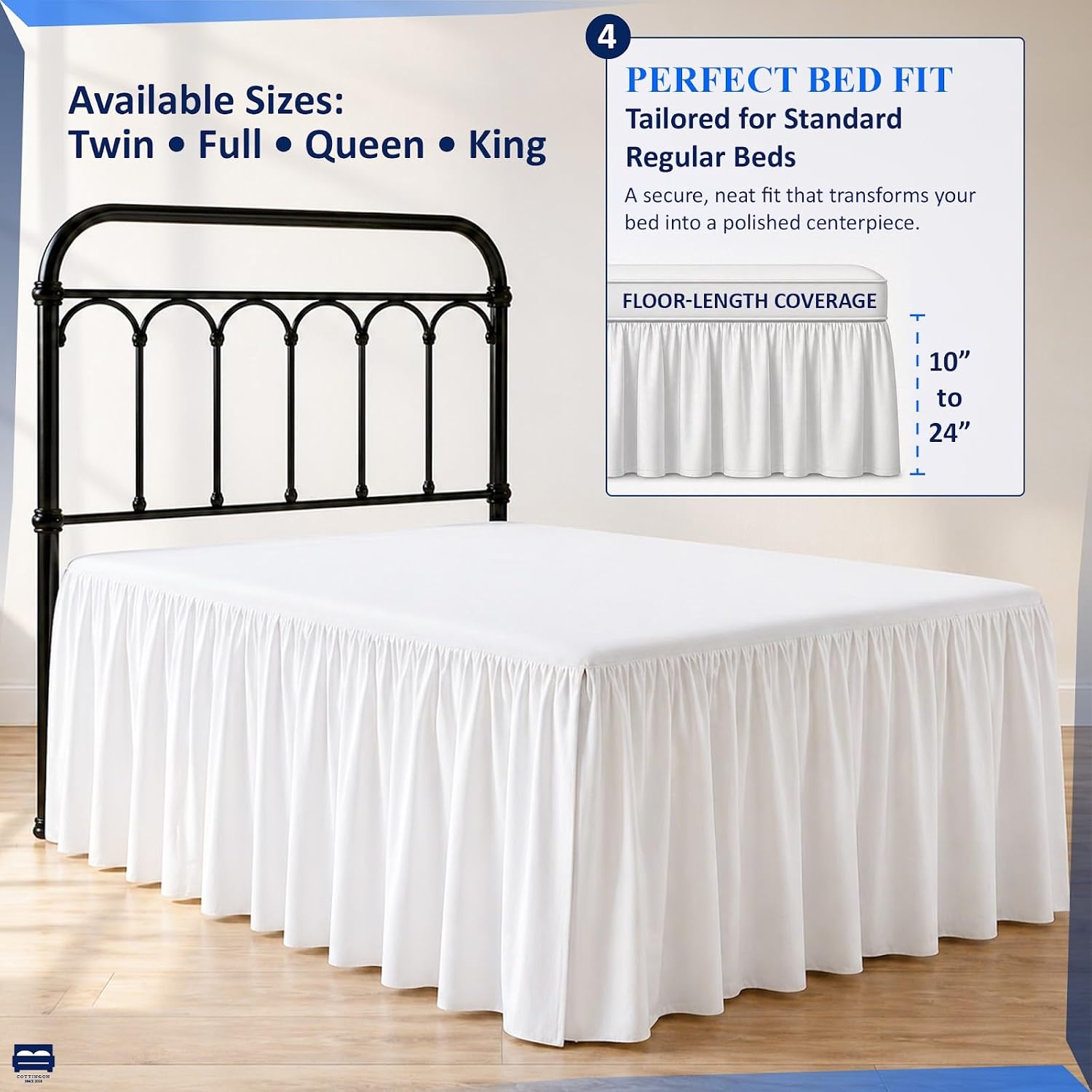 Ruffled Bed Skirt Twin 21-Inch Drop with Split Corners, White