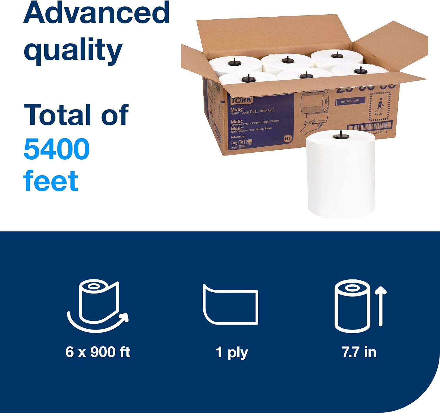 Tork Matic Soft Hand Towel Roll White H1, Advanced, High Absorbency, 6 Rolls x 900 ft, 290095