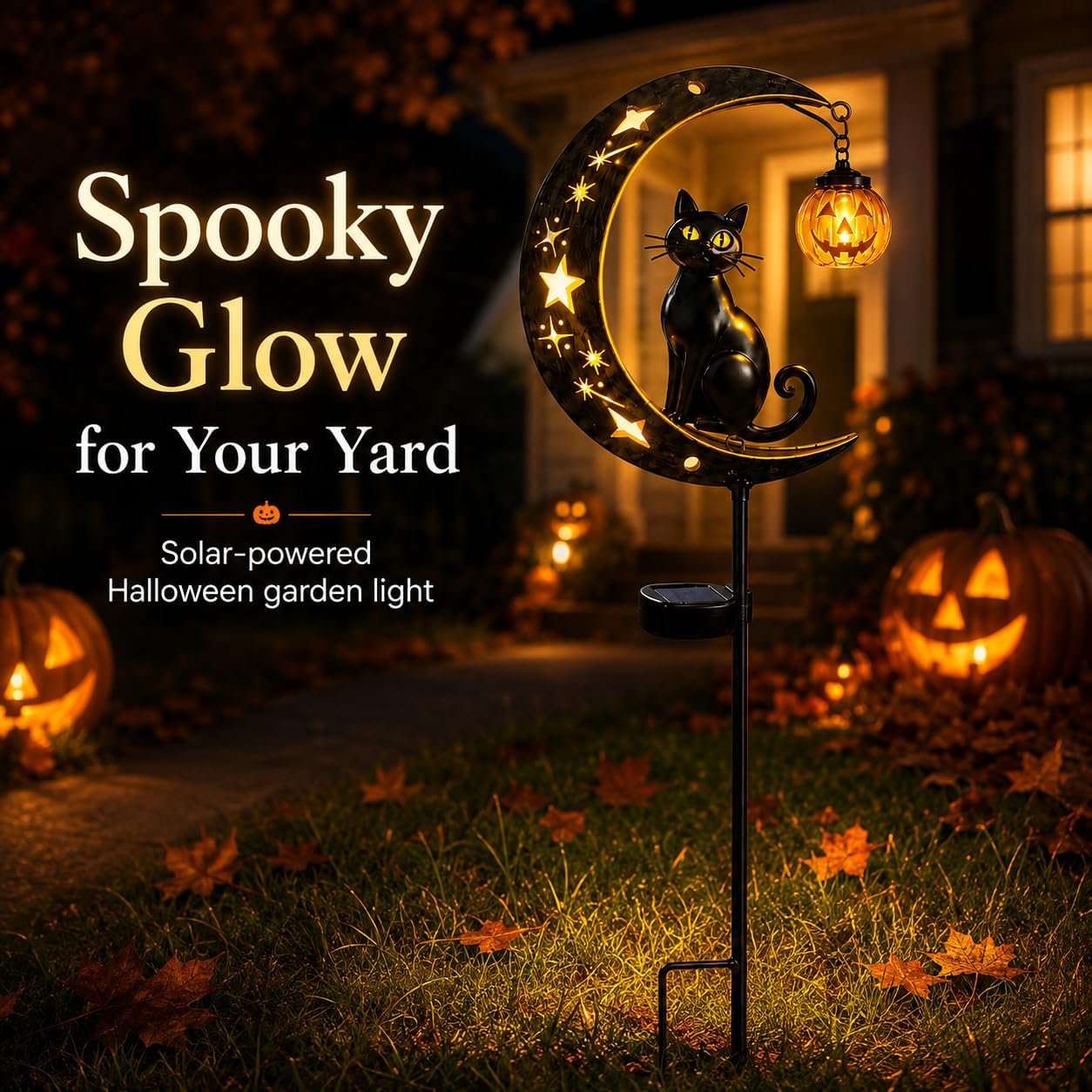 Solar Halloween Black Cat Moon Light, Outdoor Garden Stake Light with Pumpkin Lantern, Weather Resistant Yard Decorations for Patio Pathway Lawn Backyard, Halloween Decor Gifts