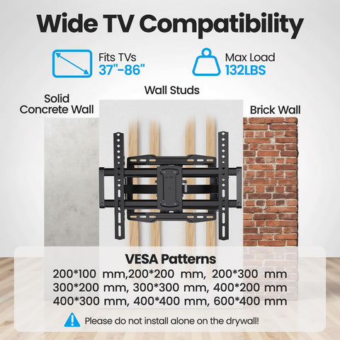 USX STAR UL Listed Full Motion TV Wall Mount Bracket for Most 37-86 inch TVs, Swivel Tilt Extension Level TV Mount, Max VESA 600x400mm, Holds up to 132lbs & 16" Wood Studs with Hole Drilling Template