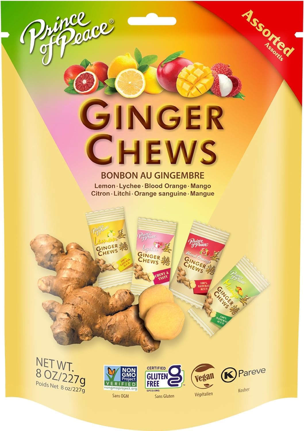 Prince of Peace Ginger Chews Assorted Flavors, 2.2 lb. (Mango, Blood Orange, Pineapple Coconut, Lychee) Candied Ginger – Candy Pack – Ginger Chews Candy - Gluten Free