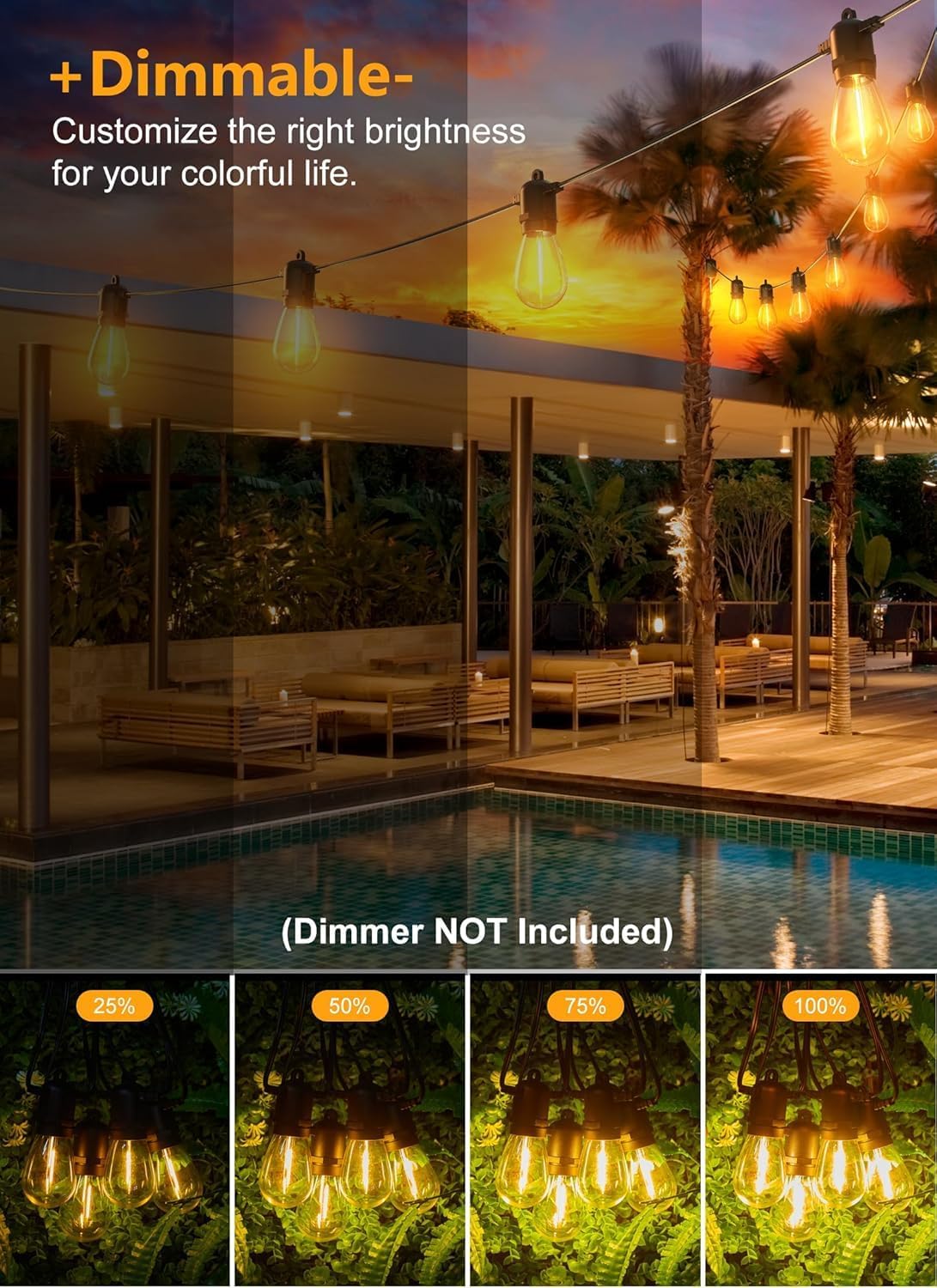 Brightown Outdoor String Lights, 50FT 15 Bulbs Shatterproof Patio Lights