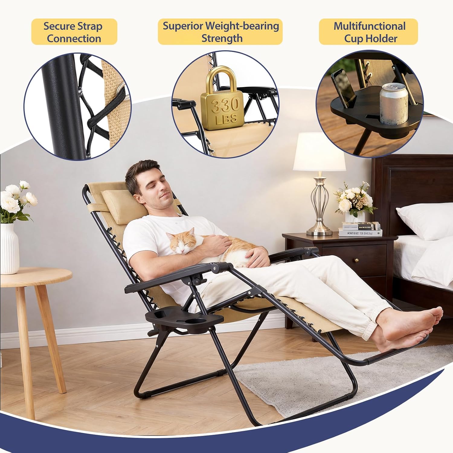 Sweetcrispy Zero Gravity Chairs, Set of 4 Portable Recliner Beach Camping Patio Outdoor Folding Lounge Chair with Cup Holder Trays and Adjustable Pillow for Poolside, Garden, Backyard, Lawn, Khaki