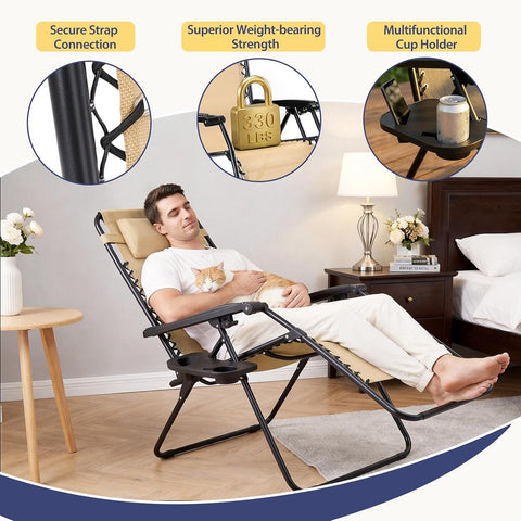 Sweetcrispy Zero Gravity Chairs, Set of 4 Portable Recliner Beach Camping Patio Outdoor Folding Lounge Chair with Cup Holder Trays and Adjustable Pillow for Poolside, Garden, Backyard, Lawn, Khaki