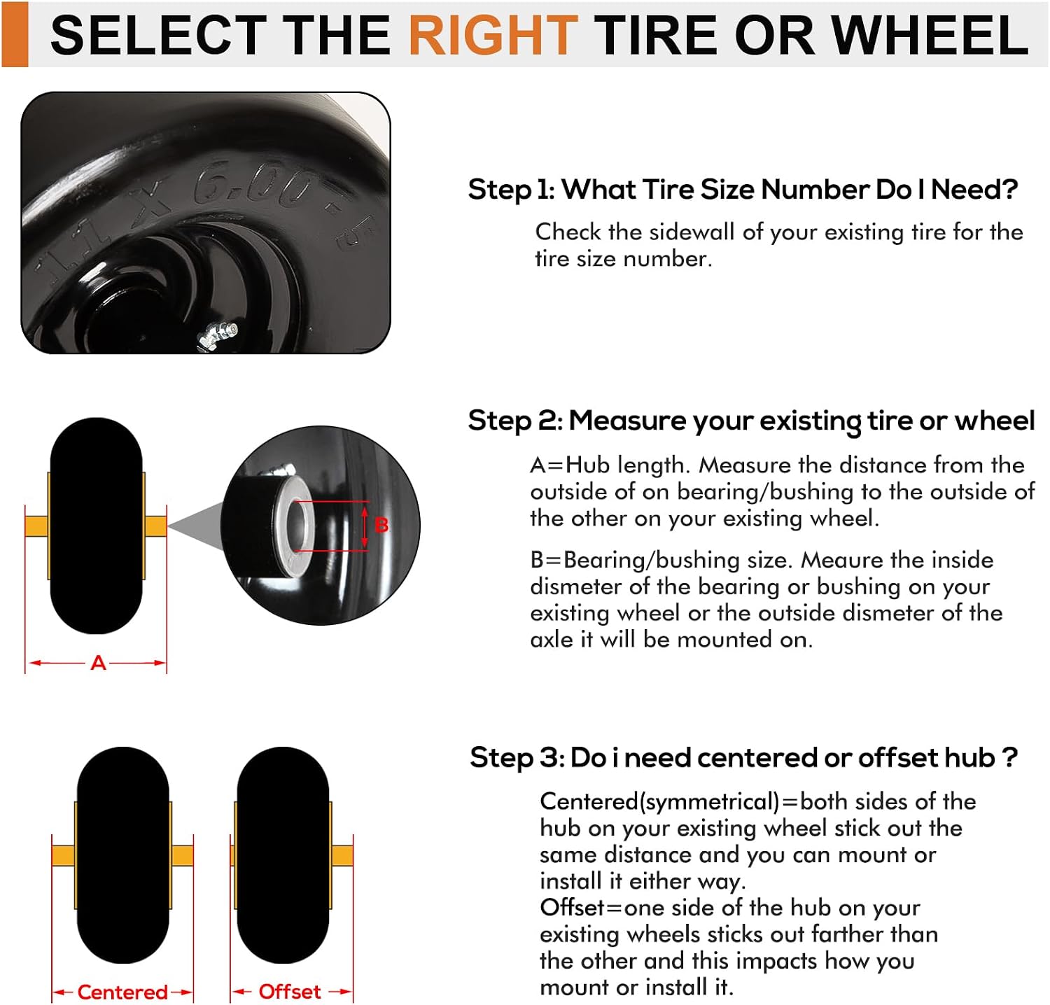 2 Pack 11x6.00-5 Flat Free Lawn Mower Tires & Wheel Assembly, Universal Fit, 5.9"-8.1" Centered Hub, 5/8" & 3/4" Bearings, Turf Tires for Lawn Mowers & Tractors