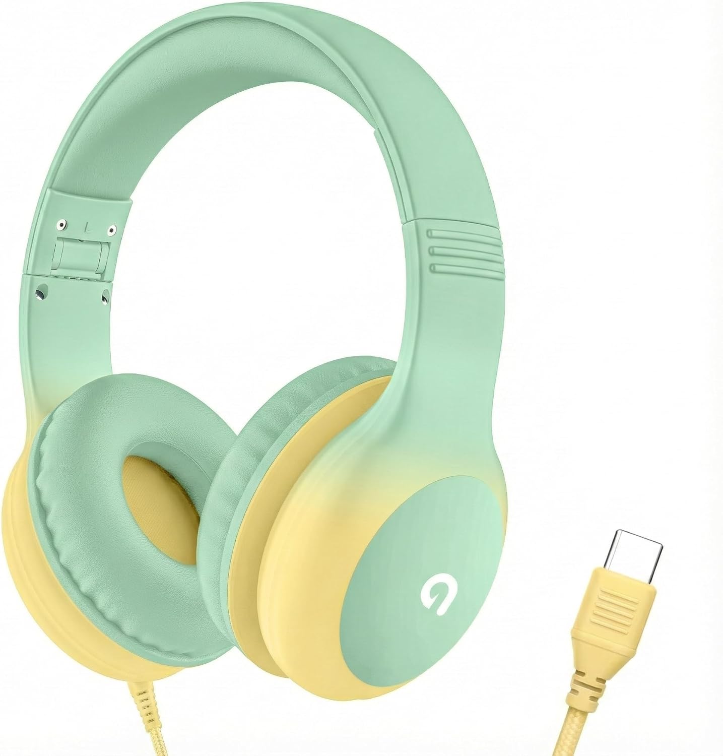ADOOPE Wired Kids Headphones with USB C Plug, 85dB Safe Volume, Adjustable Headband, Tangle-Free Cord Headphones for School, Tablet, Travel (Mint Green & Cream Yellow, Without Microphone)