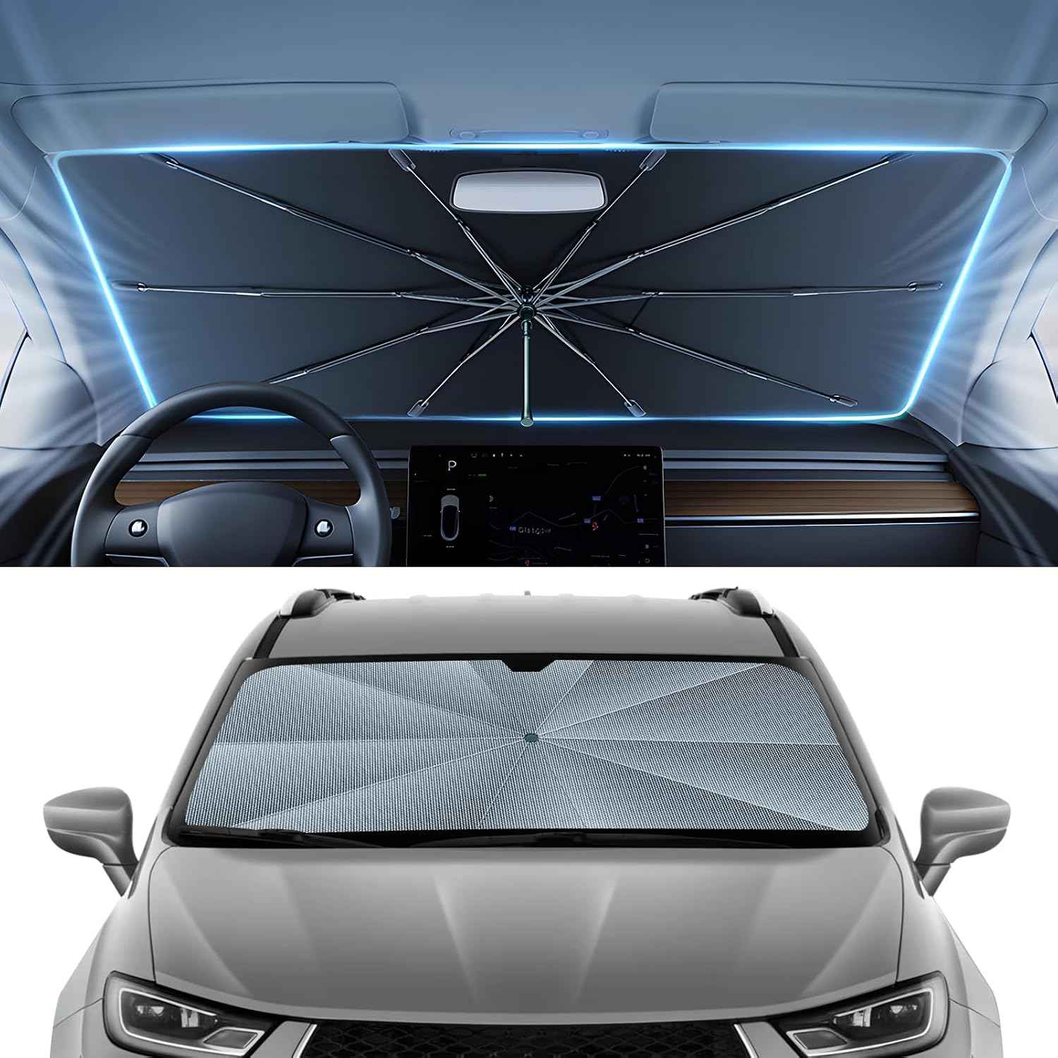 Autorder Windshield Sun Shade Umbrella for 2017-2025 2026 Chrysler Pacifica Minivan Accessories,Upgraded Ice Crystal Material,Easy Setup Umbrella Sunshade for Car Windshield,100% Sun Blocking