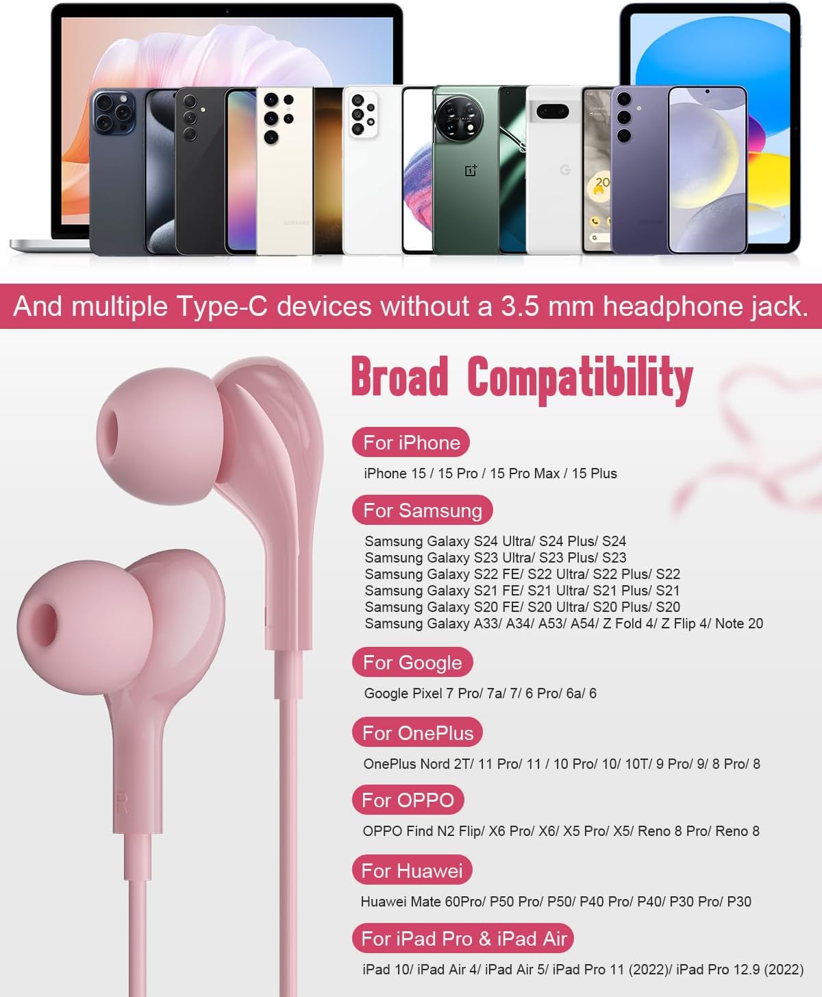USB C Headphones Wired for iPhone17 16 Pro Max 15 Plus iPad Pro Air Pink