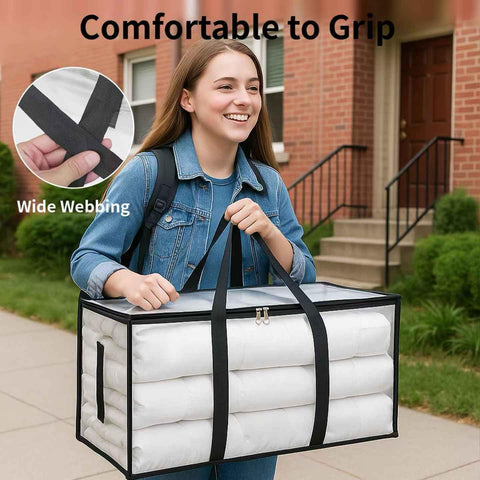 6 Pack-Extra Large Heavy Duty Moving Bags - Waterproof Storage Totes with Handles & Zippers, Foldable for College Dorm, Storage (Clear)