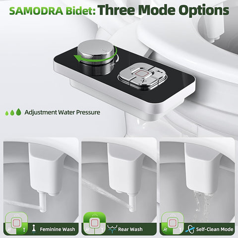 SAMODRA Bidet Attachment, Non-Electric Cold Water Bidet Toilet Seat Attachment with Pressure Controls, Retractable Self-Cleaning Dual Nozzles for Frontal & Rear Wash - Black