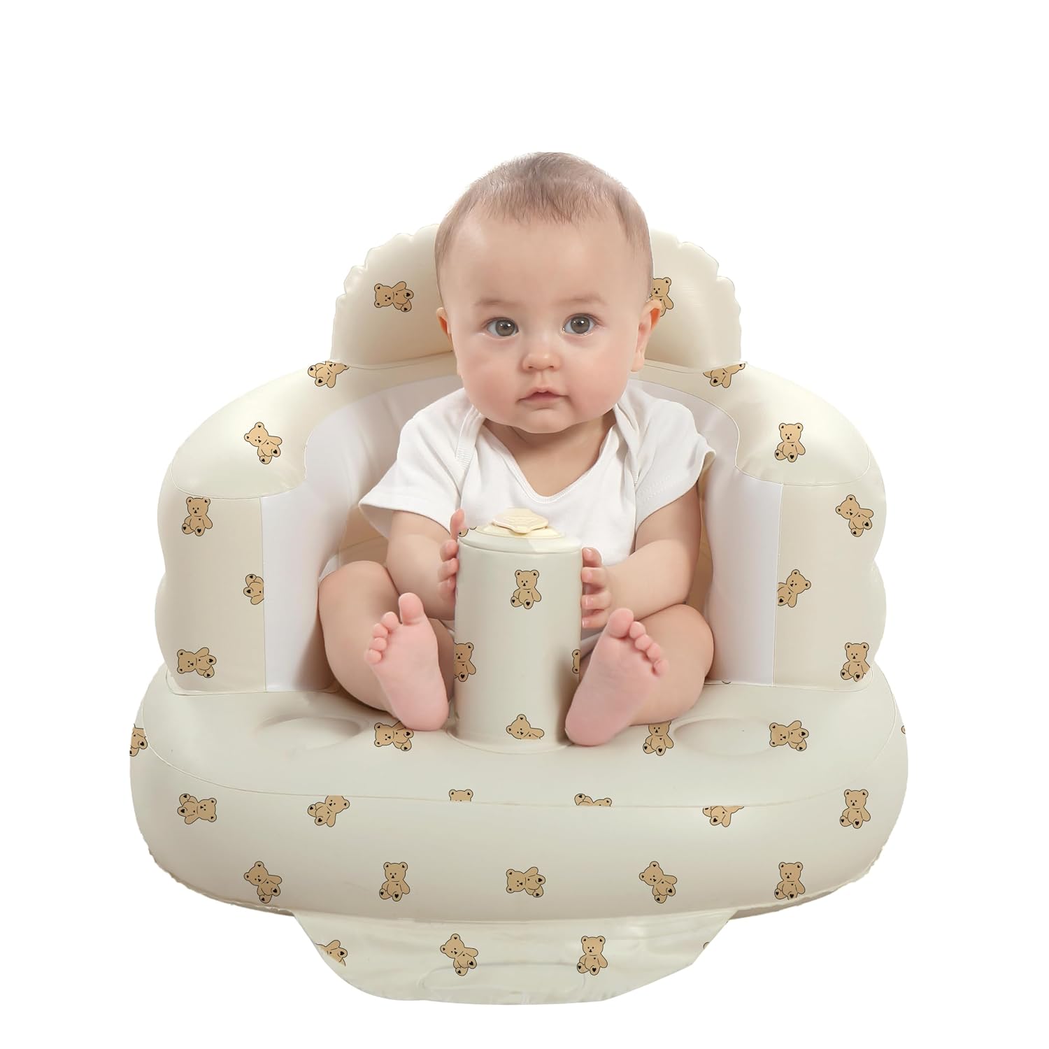 AGITVPS Upgrade Inflatable Baby Seat with Tray for Babies 3-36 Months, Built in Air Pump Bumbo Seat with Tray, Baby Chair Sit Me up Floor Seat for Baby, Learning to Sit&Feeding (Pillar-Bear Cub)