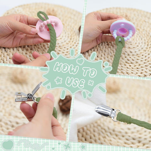 4 Pcs Pacifier Clip, Pacifier Clips for Boys & Baby Girls Pacifier Holder Clip Binky Clips Braided 100% Handmade Fits All Pacifiers(Green, 4 Pack)