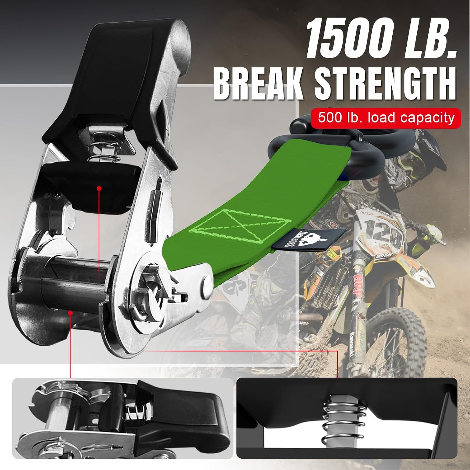 Jack Boss Ratchet Tie Down Straps Set,1500 lbs Break Strength, 1" x 15' Heavy Duty Ratchet Straps with 4X Soft Loops Padded Handles Coated S Hook, Fits for Moving Appliances Motorcycle ATV Truck,Green