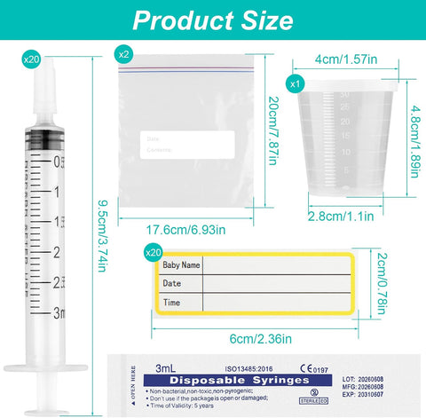 20 Sets 3ml Colostrum Syringes with Caps No Needle Colostrum Collector Kit Include 20pcs 3ml Sterile Syringes, 20 Labels, 2 Storage Bags and 1 Measuring Cup