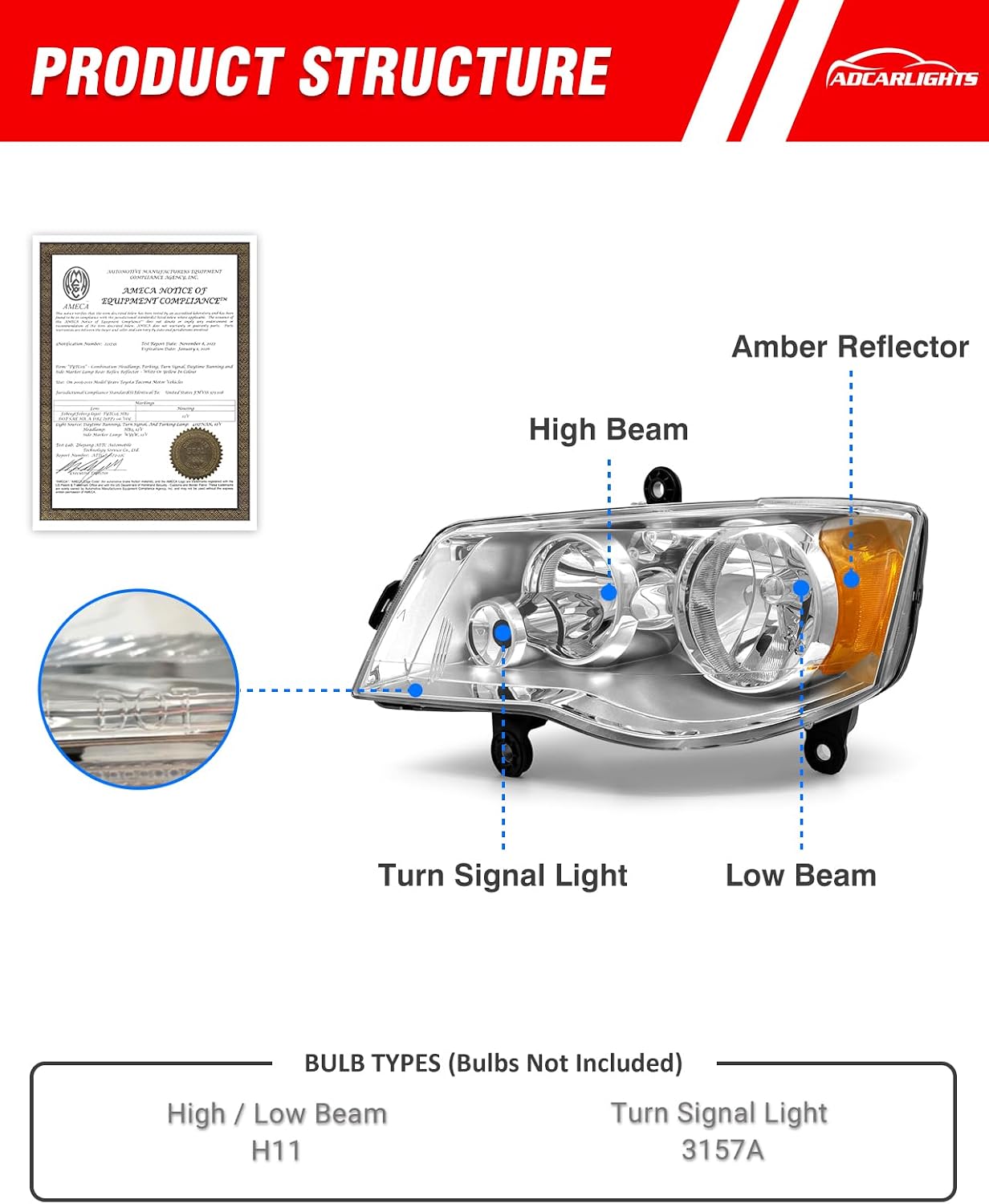 for 2008-2016, 2018-2020 Chrysler Town & Country Headlight