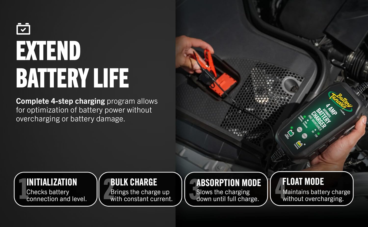 Battery Tender 4 AMP Battery Charger and Maintainer - Automotive Switchable 12V or 6V Smart Automatic for Cars SUVs and Trucks - Lead Acid, AGM, Gel, & Lithium Battery Charger - 022-0209-BT-WH