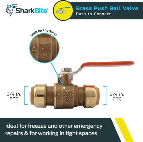 SharkBite 3/4 Inch Ball Valve, Push to Connect Brass Plumbing Fitting, Water Shut Off, PEX Pipe, Copper, CPVC, PE-RT and HDPE Pipe, 22185-0000LFA