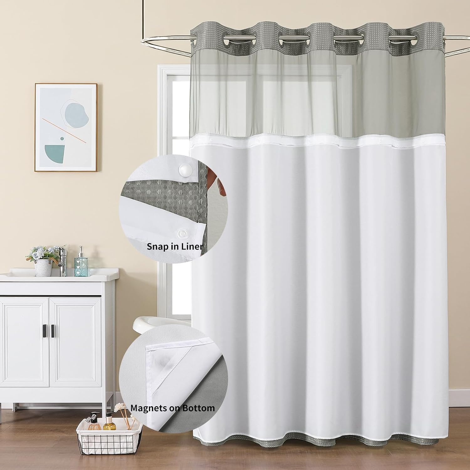 Colorful Star Waffle Weave No Hook Shower Curtain Set, 72 x 75 Inch, Grey