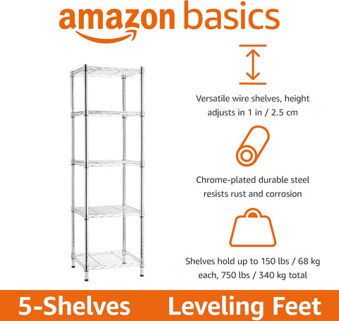 Amazon Basics 5-Shelf Tower Adjustable Storage Shelving Unit, Chrome, 16" x 16" x 54", 150 lbs Per Shelf