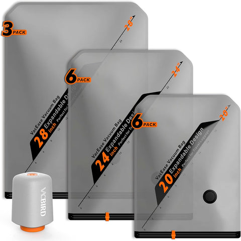 Vacbird Rechargeable Wireless Pump Travel Storage Bags Set - Portable Space Saver Bags for Travel & Home - Vacuum Compression Packing Seal for Clothes, Blankets, Seasonal Storage 15 Combo Set