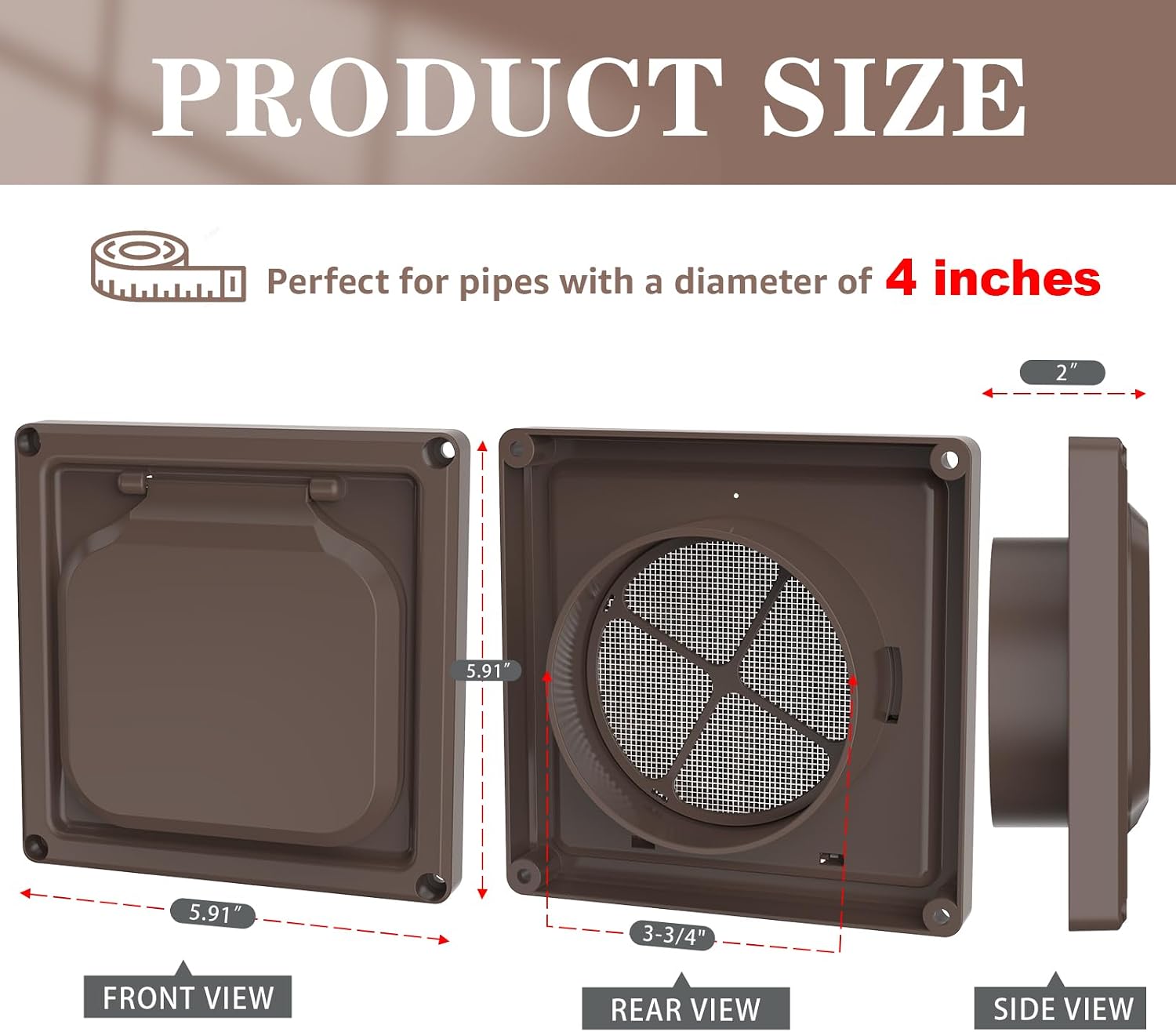 Dryer Vent Cover Outside 4 inch, Magnetic Door Design, Durable Airflow Vent with Lint Trap Screen, Thickened Material, 6 inch x 6 inch Size, Brown