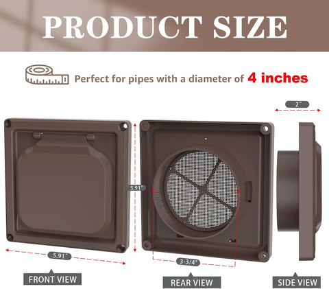 Dryer Vent Cover Outside 4 inch, Magnetic Door Design, Durable Airflow Vent with Lint Trap Screen, Thickened Material, 6 inch x 6 inch Size, Brown