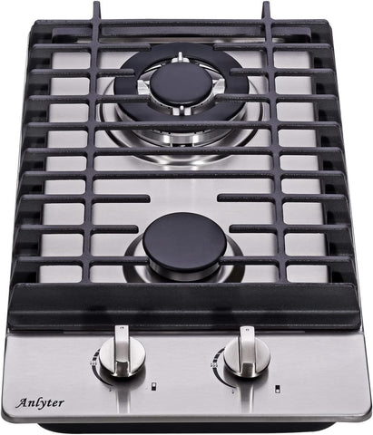 12 Inch Gas Cooktop, 2 Burners Built-in Gas Stovetop Stainless Steel Gas Stove Top LPG/NG Convertible Dual Fuel Sealed Gas Hob