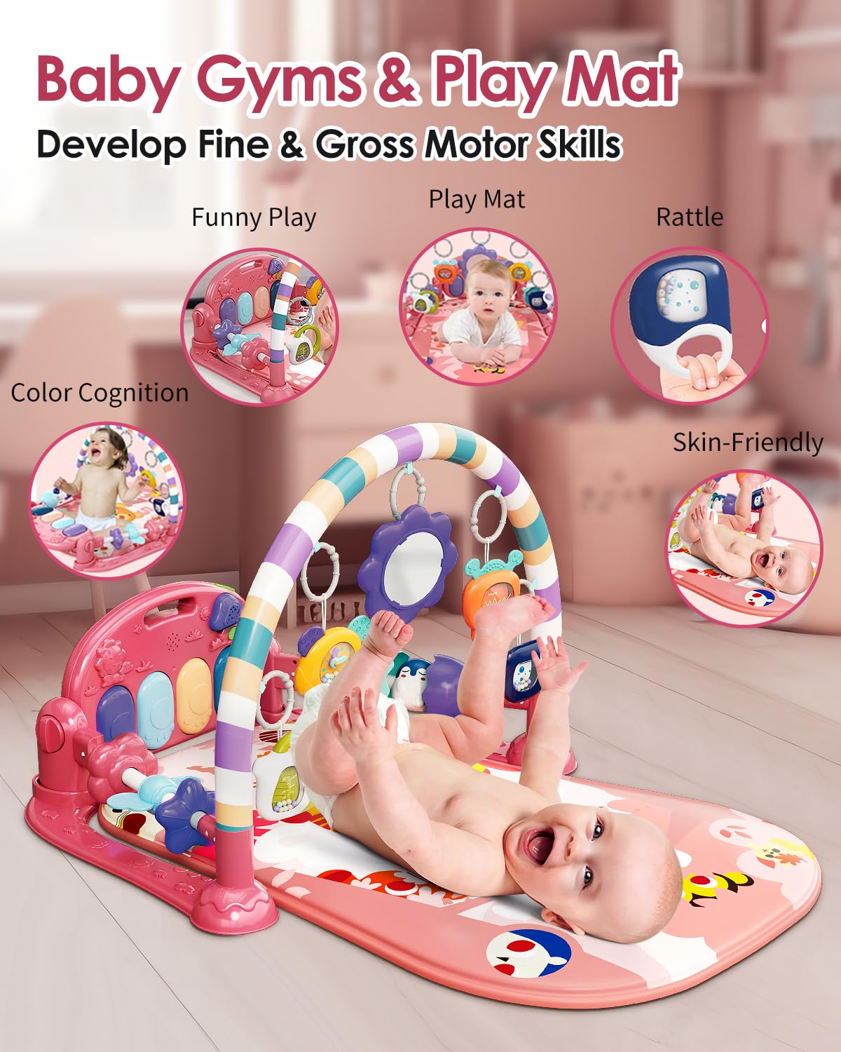 dearlomum Pink Tiger Theme Baby Play Mat Gym with Kick & Play Piano