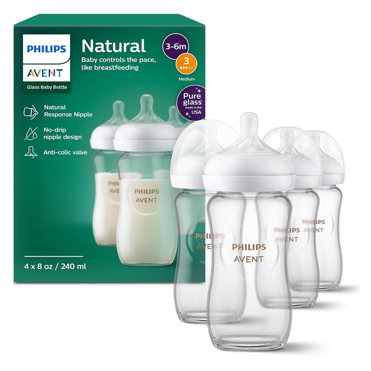 Philips Avent Natural Glass Baby Bottles, Medium Flow, 8 oz, BPA-Free