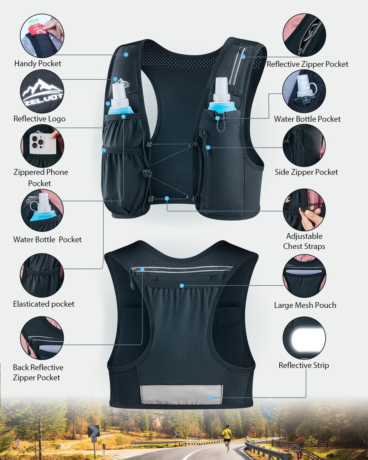 Zelvot Running Vest for Women Men, US Patent, Adjustable Chest Straps Running Hydration Vest with 500ml Soft Flask, Lightweight Reflective Hydration Backpack for Marathon