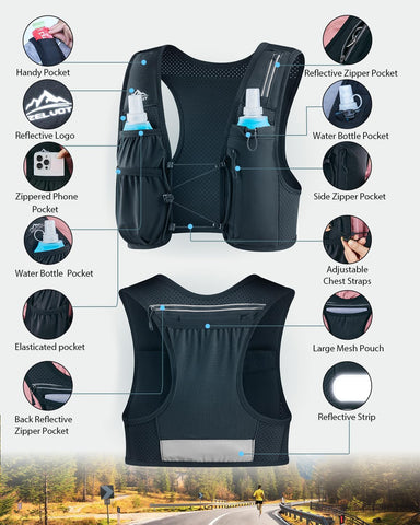 Zelvot Running Vest for Women Men, US Patent, Adjustable Chest Straps Running Hydration Vest with 500ml Soft Flask, Lightweight Reflective Hydration Backpack for Marathon
