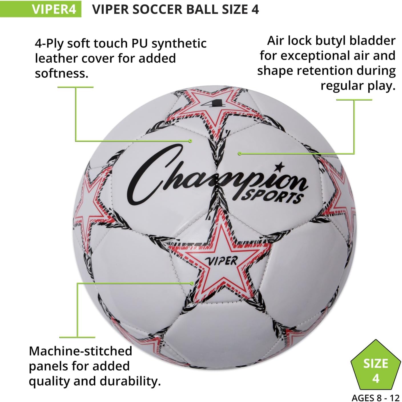 Champion Sports Viper Soccer Ball – TPU Soft-Touch Training Ball in Sizes 3,4,5 for Indoor/Outdoor Play