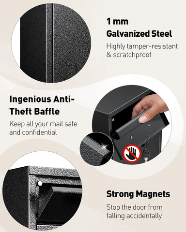 Uniclife Wall Mount Mailbox for Outside, Locking Mailbox with Key Lock