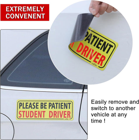 JUSTTOP 3pcs Student Driver Magnet for Car, Please Be Patient Student Driver, New Drivers Sticker Safety Warning, Magnetic Reflective Rookie Driver Bumper Sticker (Black&Red)