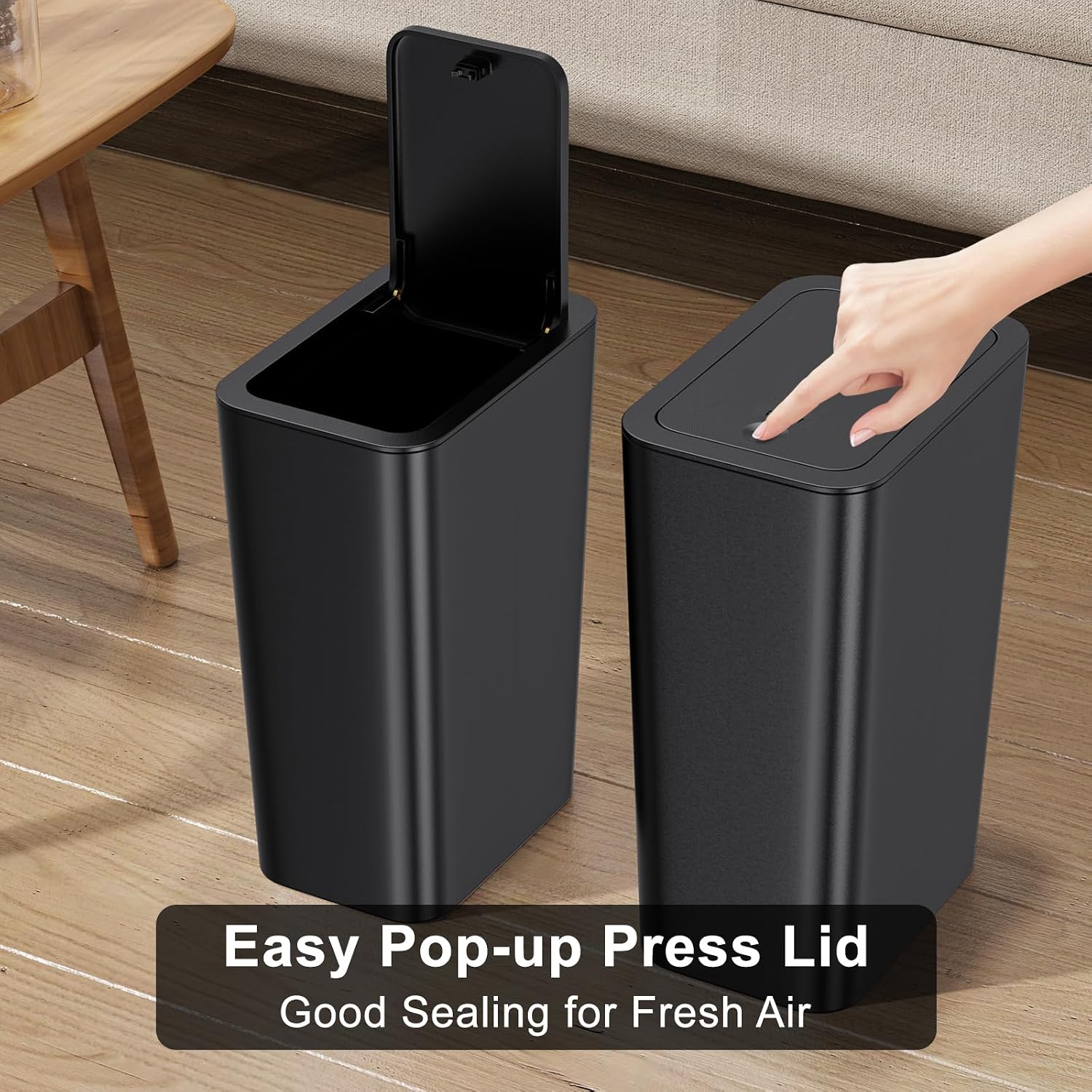 NETDOT 3 Pack 10 L/2.6 Gal Bathroom & Kitchen Trash Can with Press Type Lid, Black Slim Garbage Cans for Bathroom, Kitchen, Office, Bedroom
