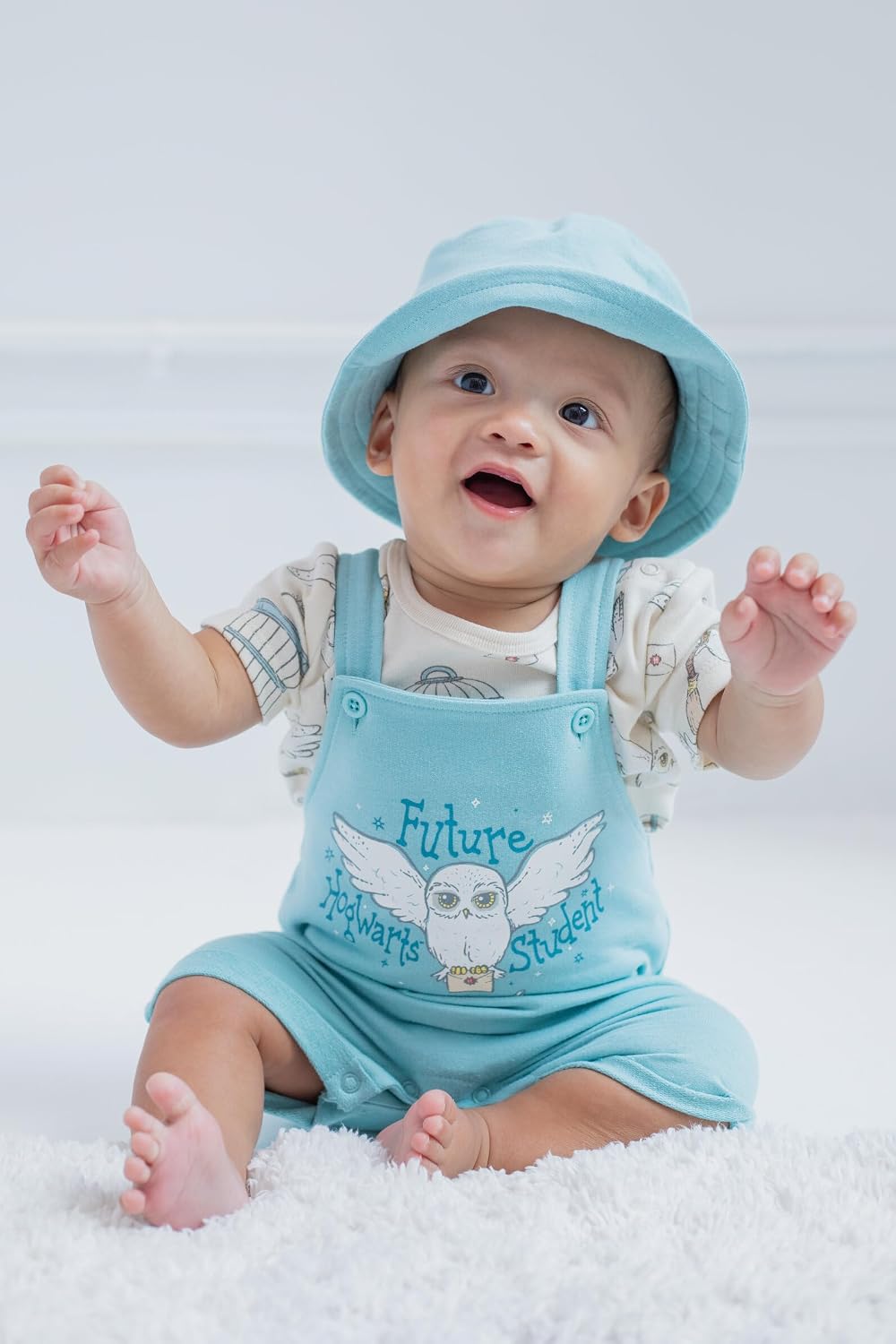 Harry Potter Hermione Hedwig Ron Weasley Baby French Terry Short Overalls T-Shirt & Hat 3 Piece Outfit Newborn to Infant