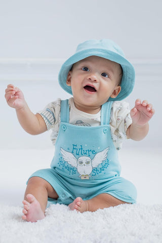 Harry Potter Hermione Hedwig Ron Weasley Baby French Terry Short Overalls T-Shirt & Hat 3 Piece Outfit Newborn to Infant