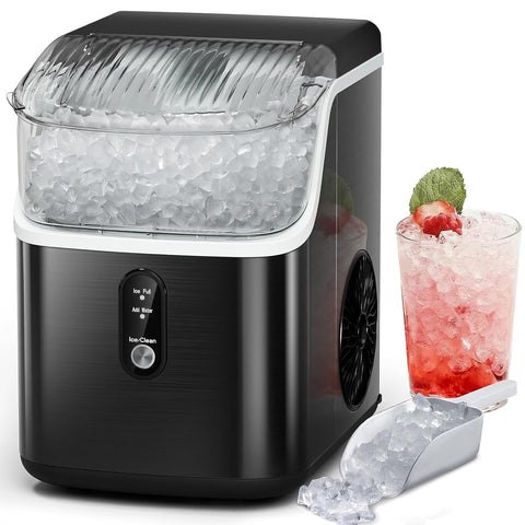 Antarctic Star Nugget Ice Maker Countertop, Chewable Pellet Ice Machine with Self Cleaning Function, Pebble Portable Ice Maker with Ice Scoop for Home Kitchen Office (Black)