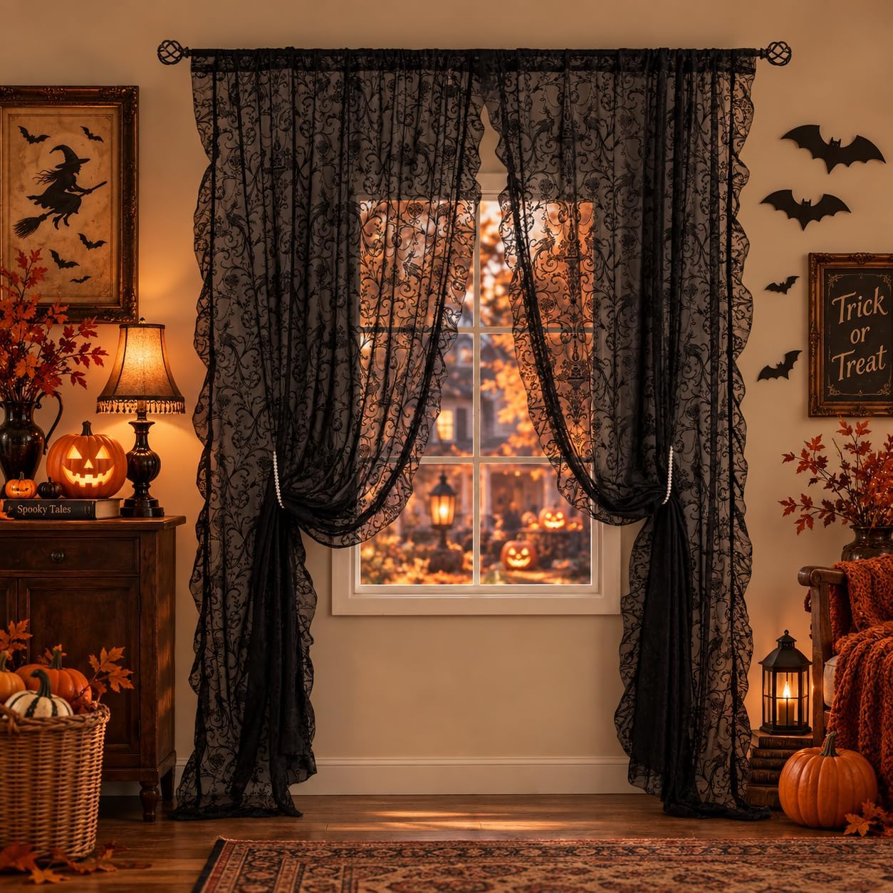 TUDECO Black Sheer Curtains 84 Inches Long - Shabby Chic Knitted Floral Halloween Decor, Lace Curtains Privacy Goth/Witchy Dark Window Treatments for Living Room Rod Pocket 1 Pair, 59 x 84 Inch