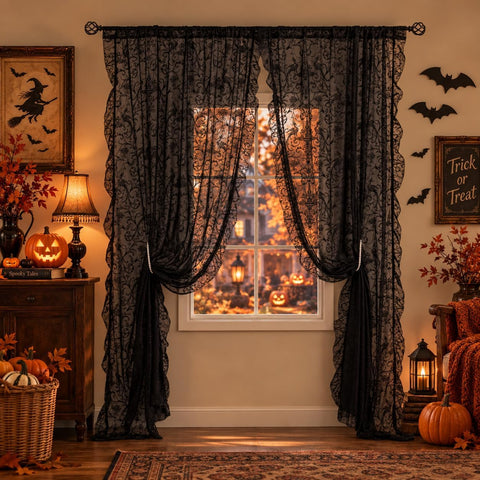 TUDECO Black Sheer Curtains 84 Inches Long - Shabby Chic Knitted Floral Halloween Decor, Lace Curtains Privacy Goth/Witchy Dark Window Treatments for Living Room Rod Pocket 1 Pair, 59 x 84 Inch