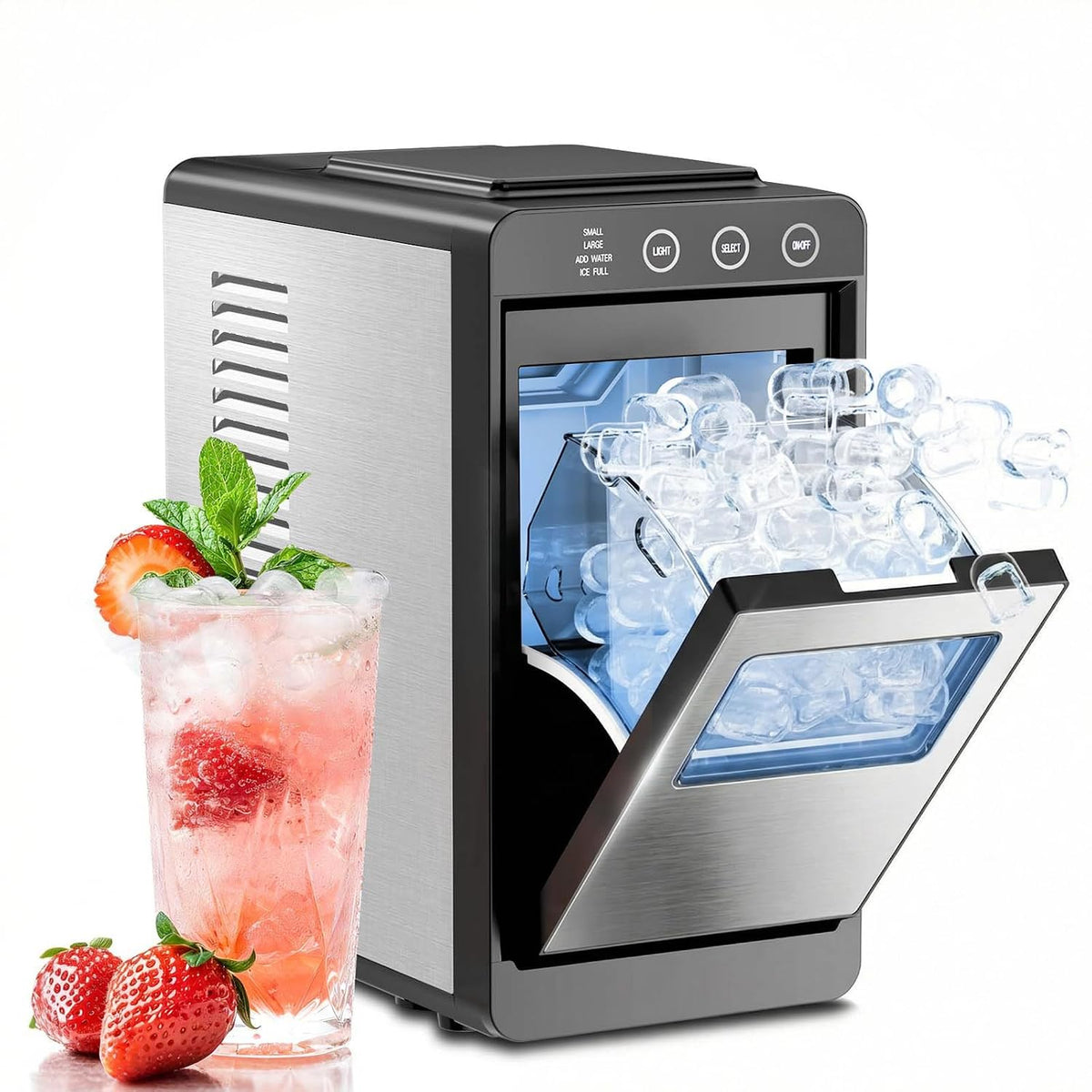 Kismile Ice Maker Countertop, 26Lbs/24H Bullet Portable Ice Maker Machine with 2 Ice Sizes, Interior Light, Self-Cleaning, 8 Cubes in 6 Mins, 0.8L Compact Ice Maker for Home, Kitchen, Stainless Steel