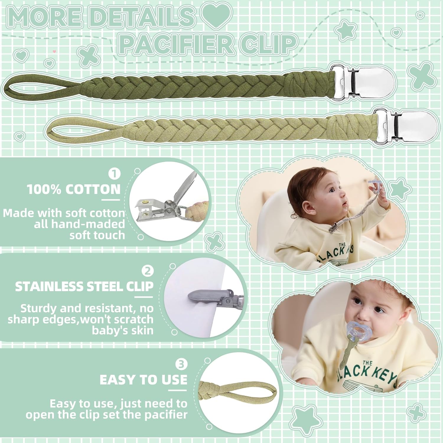 4 Pcs Pacifier Clip, Pacifier Clips for Boys & Baby Girls Pacifier Holder Clip Binky Clips Braided 100% Handmade Fits All Pacifiers(Green, 4 Pack)