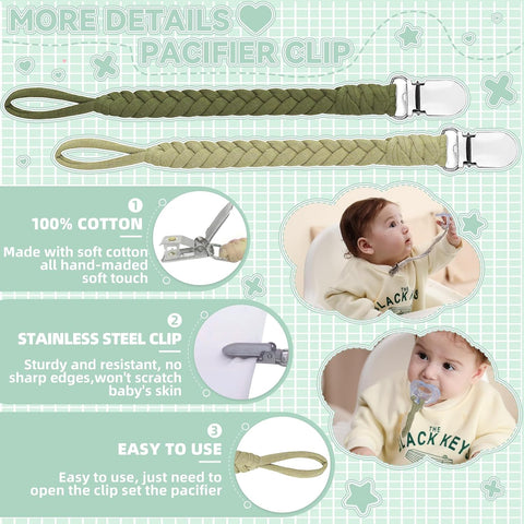 4 Pcs Pacifier Clip, Pacifier Clips for Boys & Baby Girls Pacifier Holder Clip Binky Clips Braided 100% Handmade Fits All Pacifiers(Green, 4 Pack)