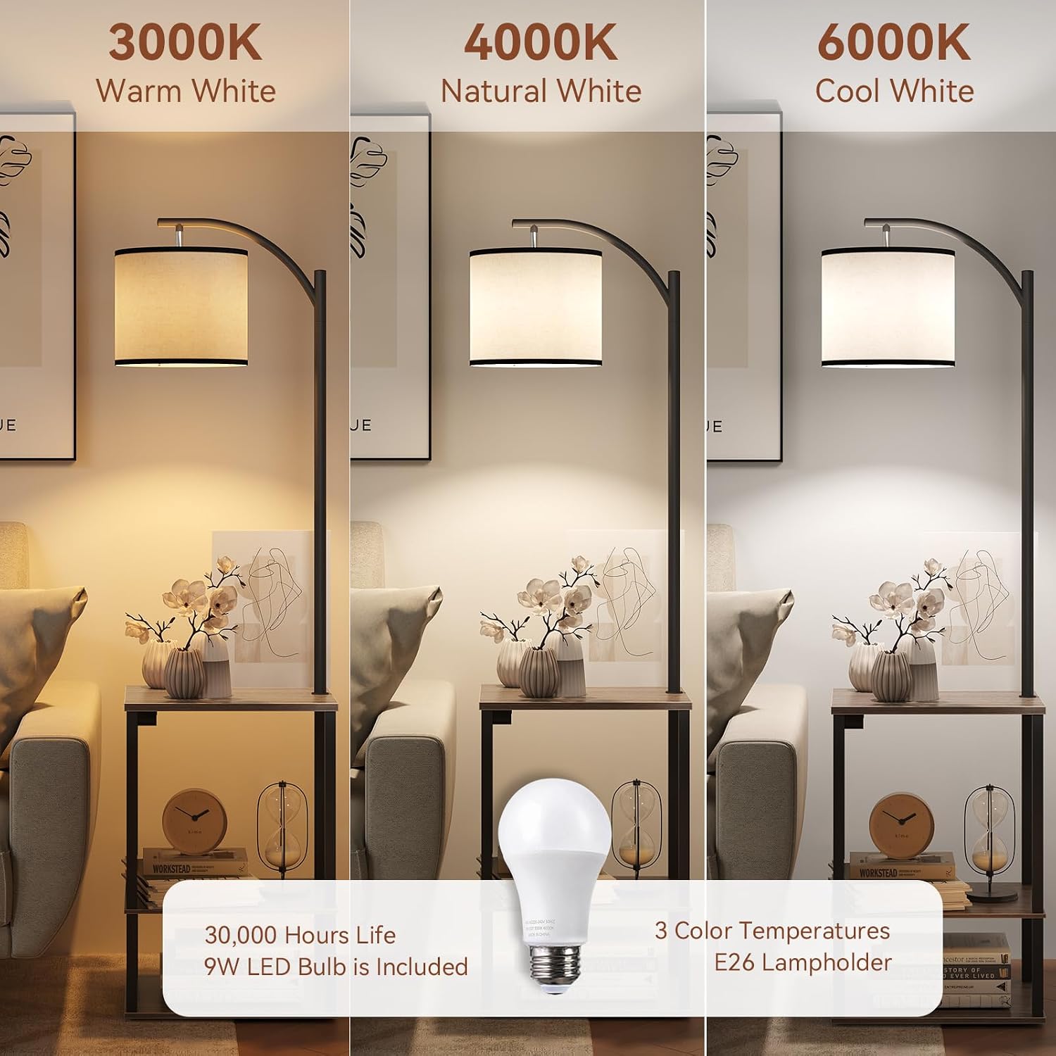 SUNMORY Floor Lamp with Table Shelves, End Side Table for Living Room