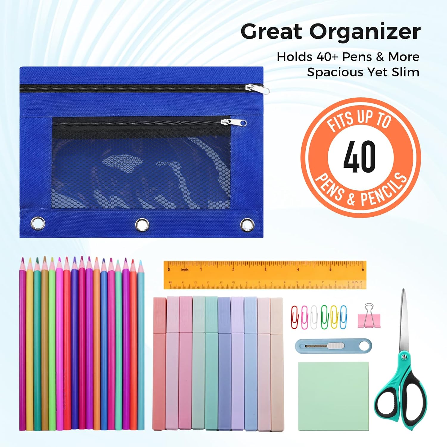 Pencil Pouch for 3 Ring Binder, Pencil Case with Zipper, 600D Fabric Pencil Pouch Bag Holder Accessories, Clear Window Pencil Case Aesthetic Back to School Organizer Pockets for Boy Girl (Deep Blue)