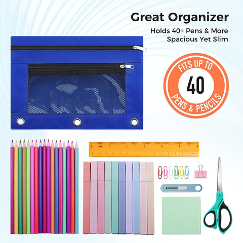 Pencil Pouch for 3 Ring Binder, Pencil Case with Zipper, 600D Fabric Pencil Pouch Bag Holder Accessories, Clear Window Pencil Case Aesthetic Back to School Organizer Pockets for Boy Girl (Deep Blue)